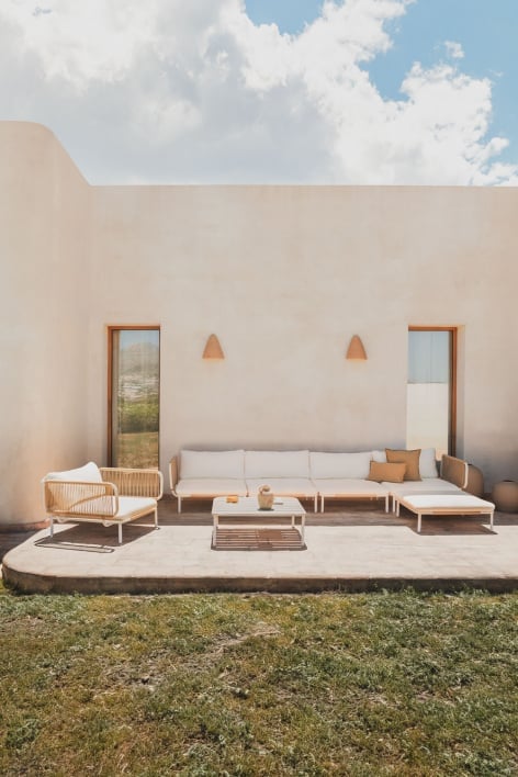 Sofá modular de jardín de 4 piezas con 2 sillones esquineros, puff, sillón y mesa de centro Roubly