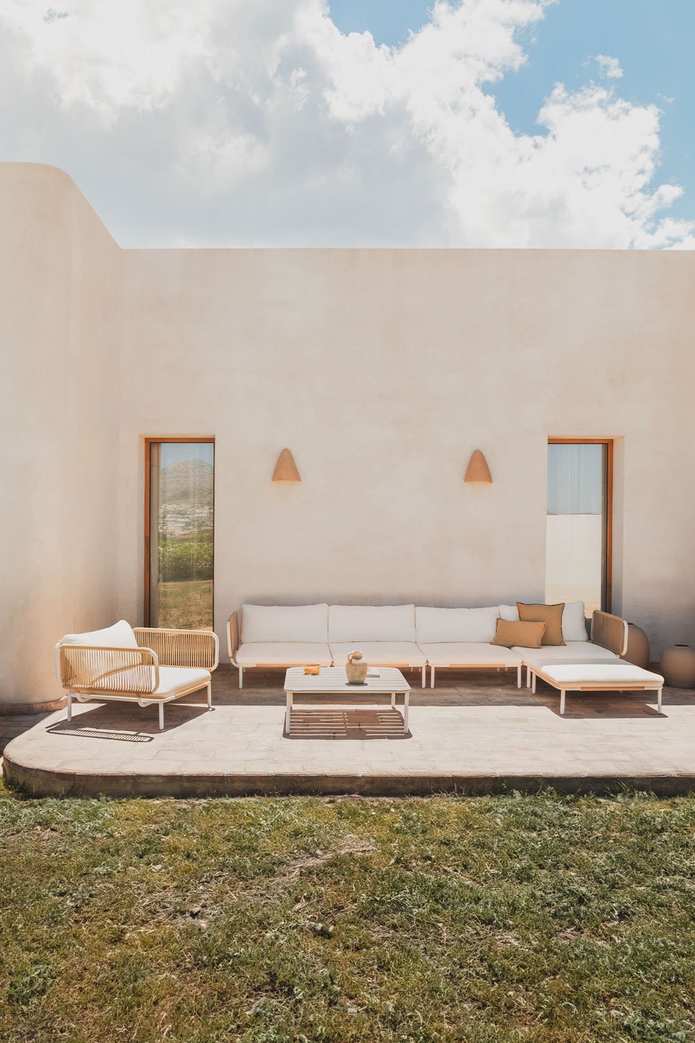 Sofá modular de jardín de 4 piezas con 2 sillones esquineros, puff, sillón y mesa de centro Roubly , imagen de galería 1