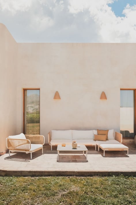 Sofá modular de jardín de 3 piezas con 2 sillones esquineros, puff, sillón y mesa de centro Roubly