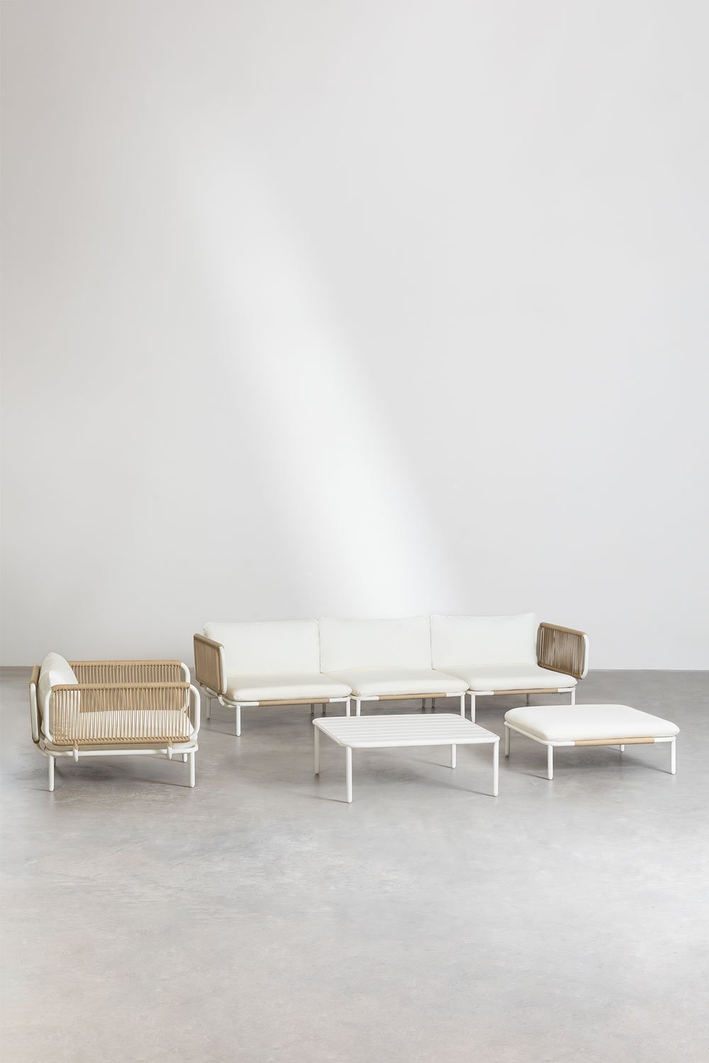 Sofá modular de jardín de 3 piezas con 2 sillones esquineros, puff, sillón y mesa de centro Roubly , imagen de galería 2