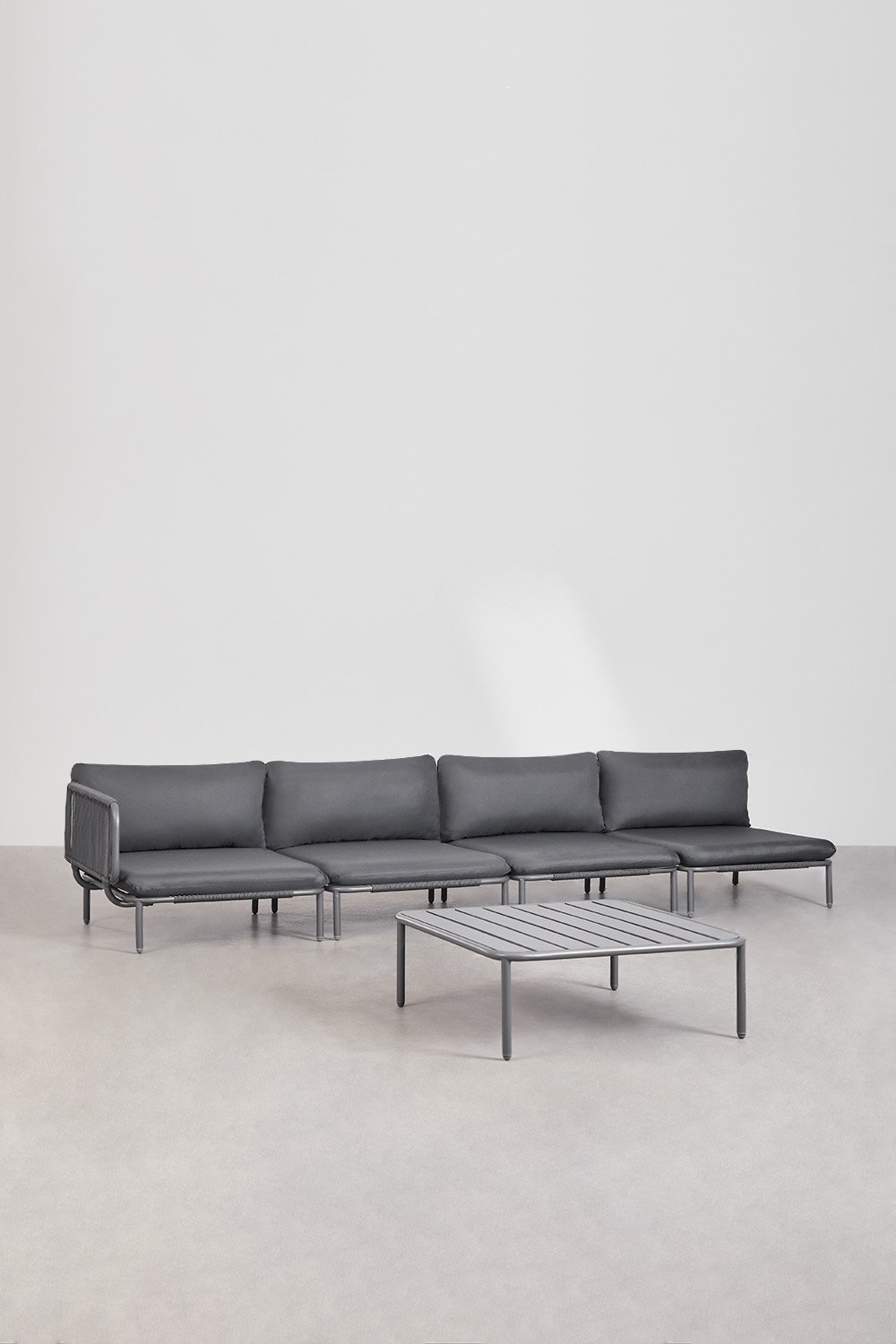 Sofá modular de jardín esquinero de 4 piezas y mesa de centro Roubly, imagen de galería 1