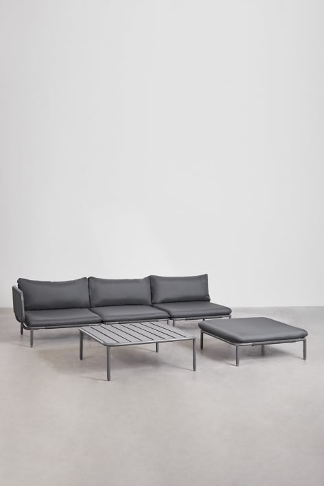 Sofá modular de jardín esquinero de 3 piezas, puff y mesa de centro Roubly