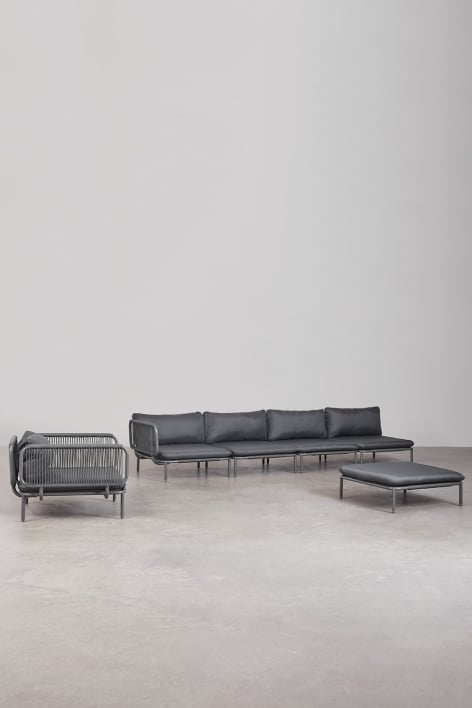 Sofá modular de jardín esquinero de 4 piezas con puff y sillón Roubly