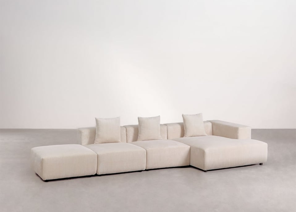 Sofá modular chaise longue esquinero derecho de 3 piezas con puff ↔︎390 cm Bruna - Pana Beige Lino