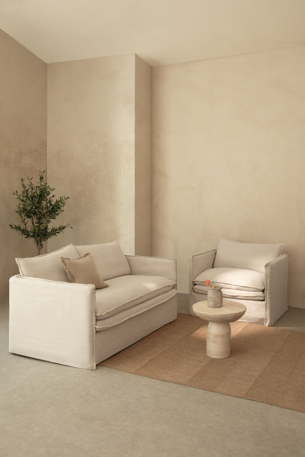 Conjunto de salón con sofá de 2 plazas y sillón en lino y algodón Grace, imagen de galería 1