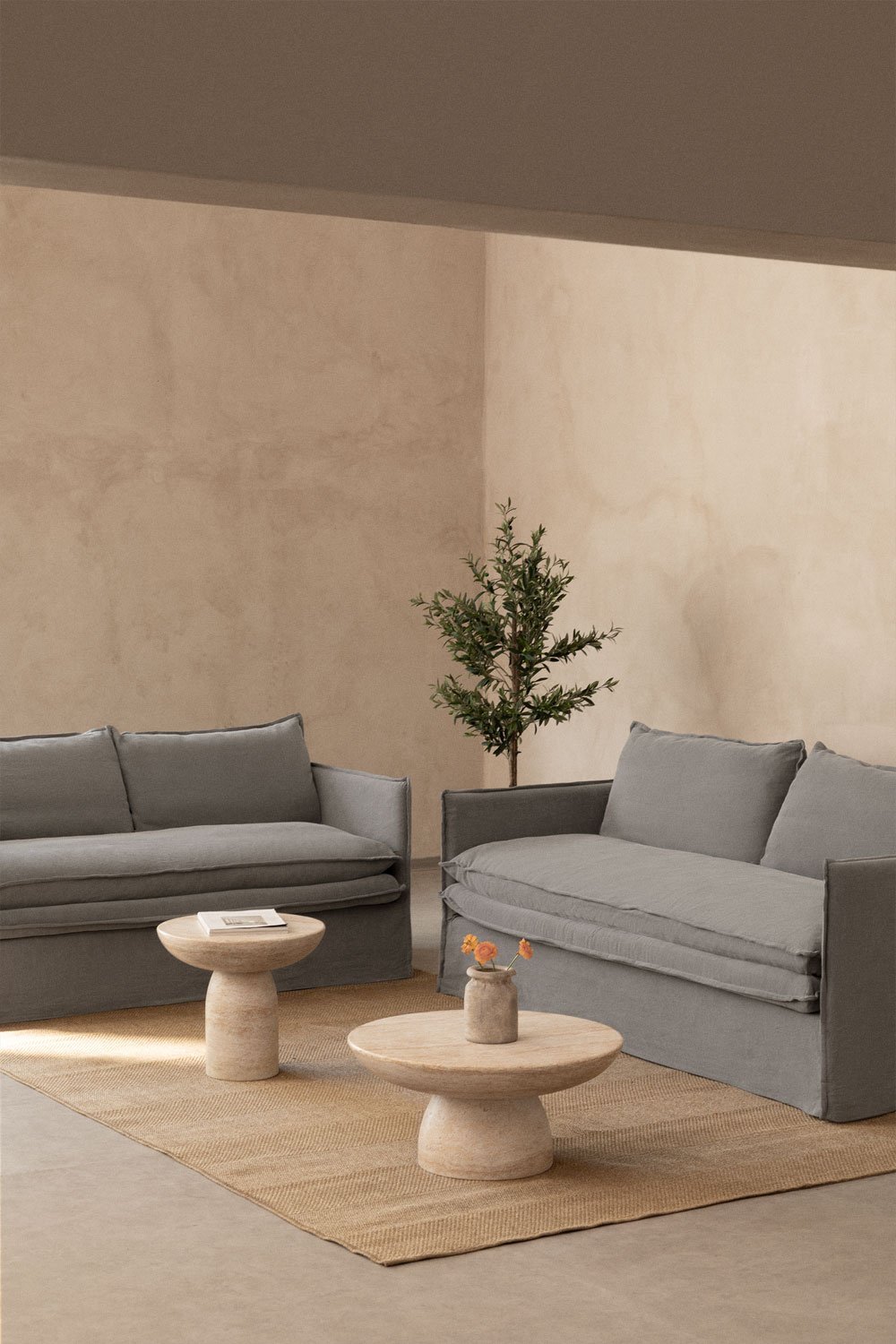 Conjunto de salón con sofá de 2 plazas y sofás de 3 plazas en lino y algodón Grace, imagen de galer&iacute;a 1