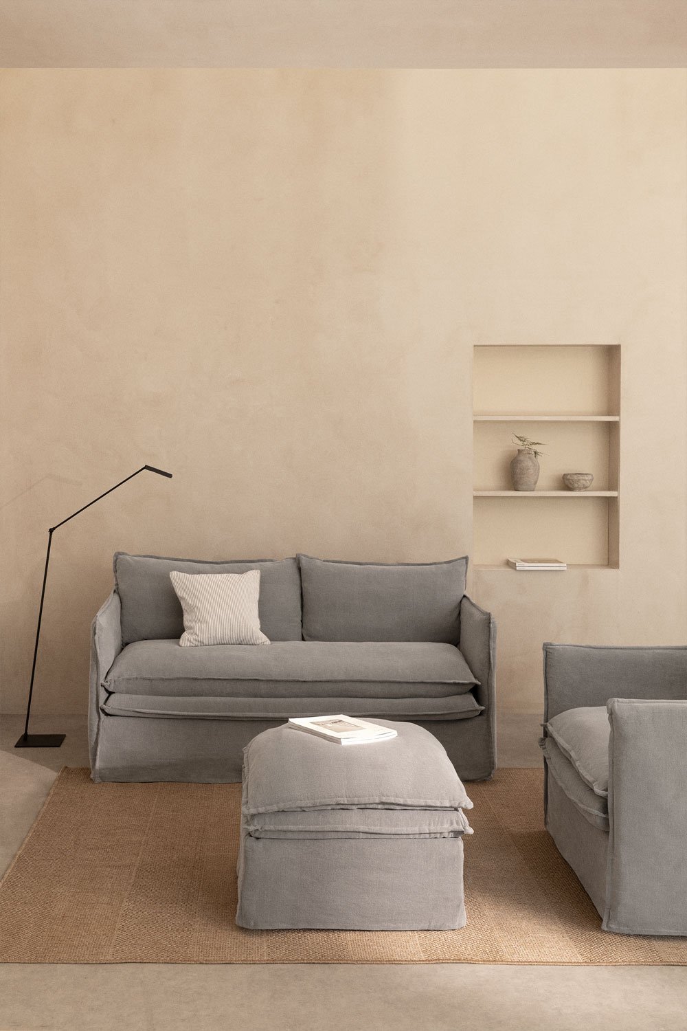 Conjunto de salón con sofá de 2 plazas, sillón y puff en lino y algodón Grace, imagen de galería 1