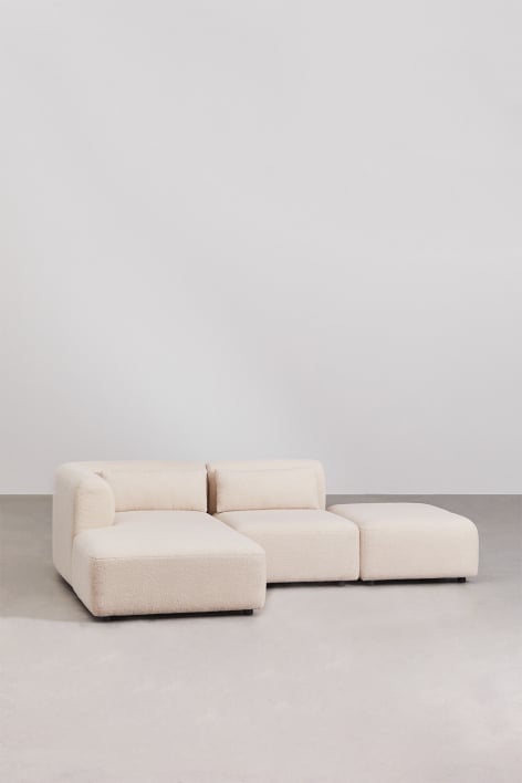 Sofá modular chaise longue izquierdo de 2 piezas con puff Fogler - Borreguito Beige Crema