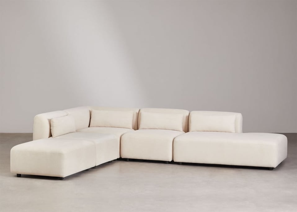 Sofá modular esquinero de 4 piezas con diván derecho y puff Fogler - Pana Beige Lino