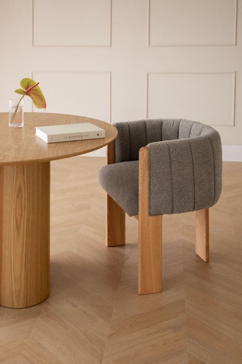 Silla de comedor en madera de fresno y tela bouclé Leo - Bouclé Gris Arena