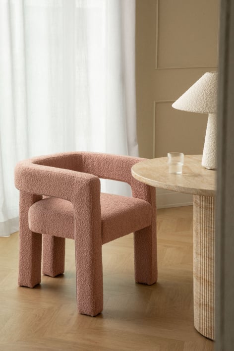Silla de comedor con reposabrazos tapizada Liara - Bouclé Rosa