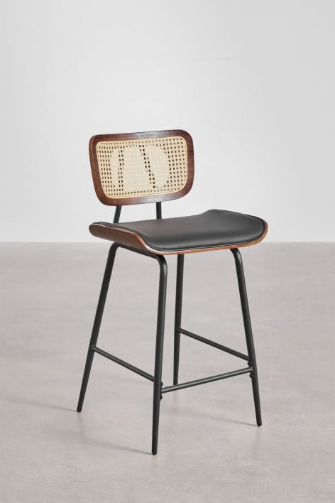 Pack de 2 taburetes altos 65 cm en madera oscura, ratán y polipiel negra Raysa