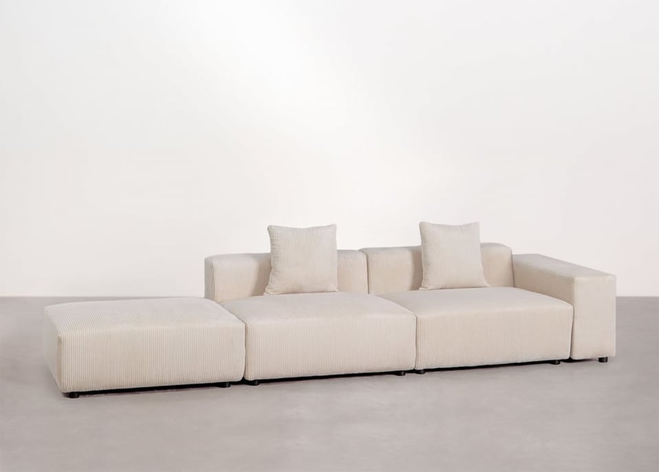 Sofá modular esquinero derecho de 2 piezas con reposabrazos bajo y puff ↔︎345 cm Bruna