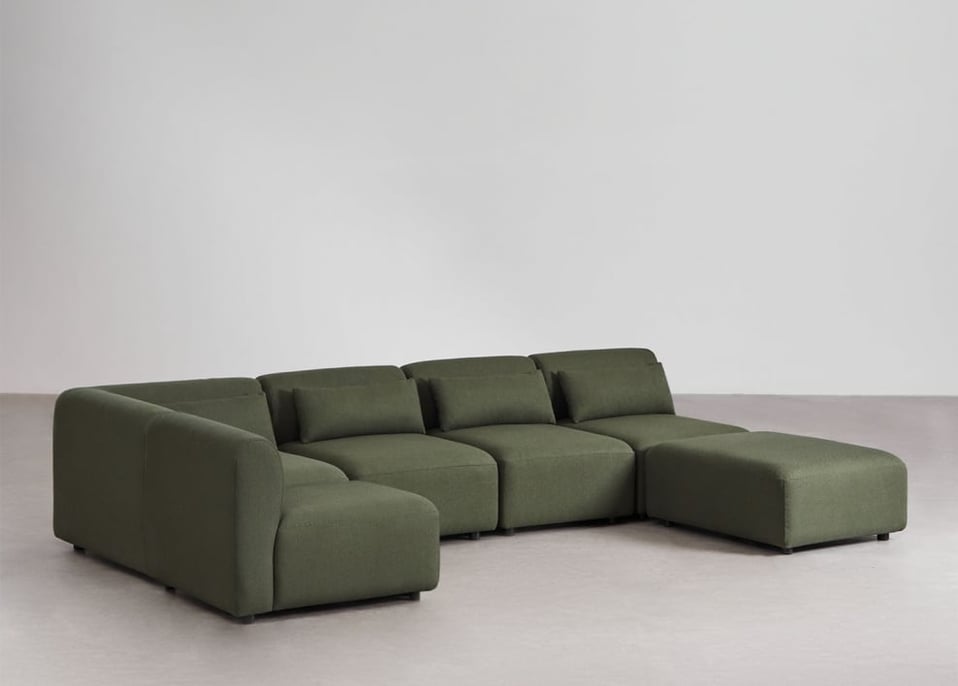 Sofá modular esquinero de 5 piezas con puff Fogler - Borreguito Verde Salvia