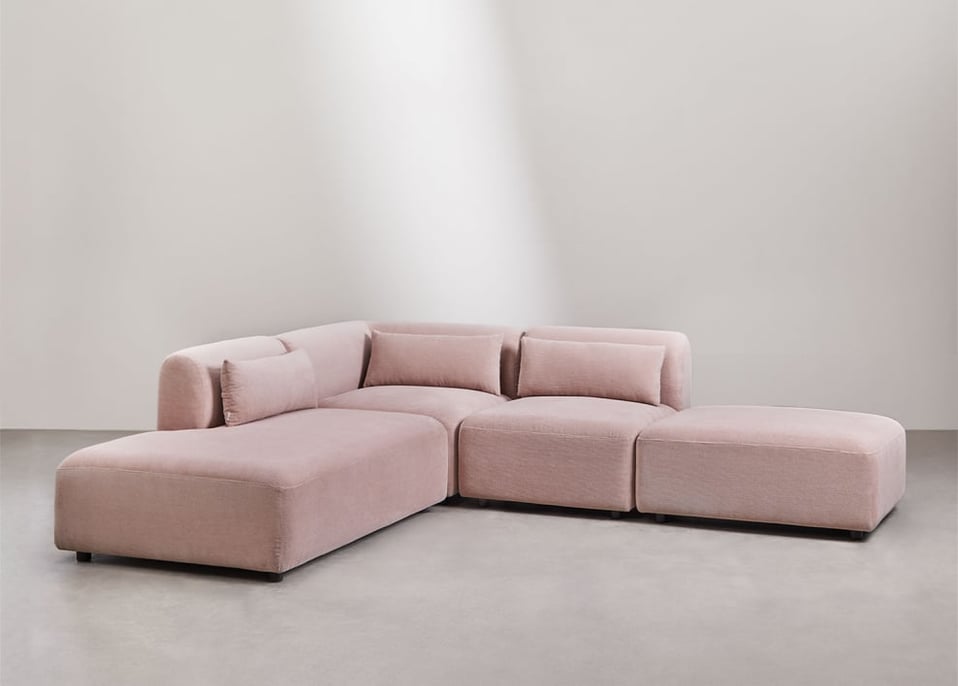 Sofá modular esquinero de 3 piezas con diván izquierdo y puff Fogler - Pana Rosa Vino