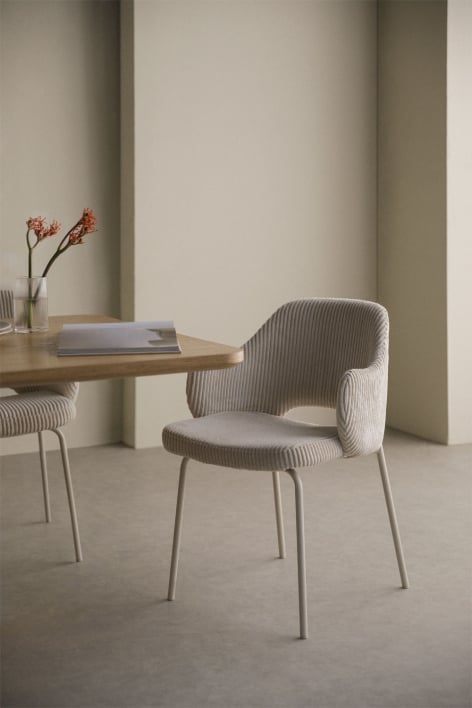 Silla de comedor con reposabrazos tapizada Gemma - Pana Blanco Roto