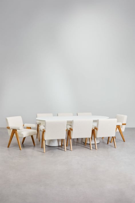 Set de mesa de ovalada 220x95 cm en cemento Noemi y 8 sillas de comedor en madera y tela bouclé Lucca