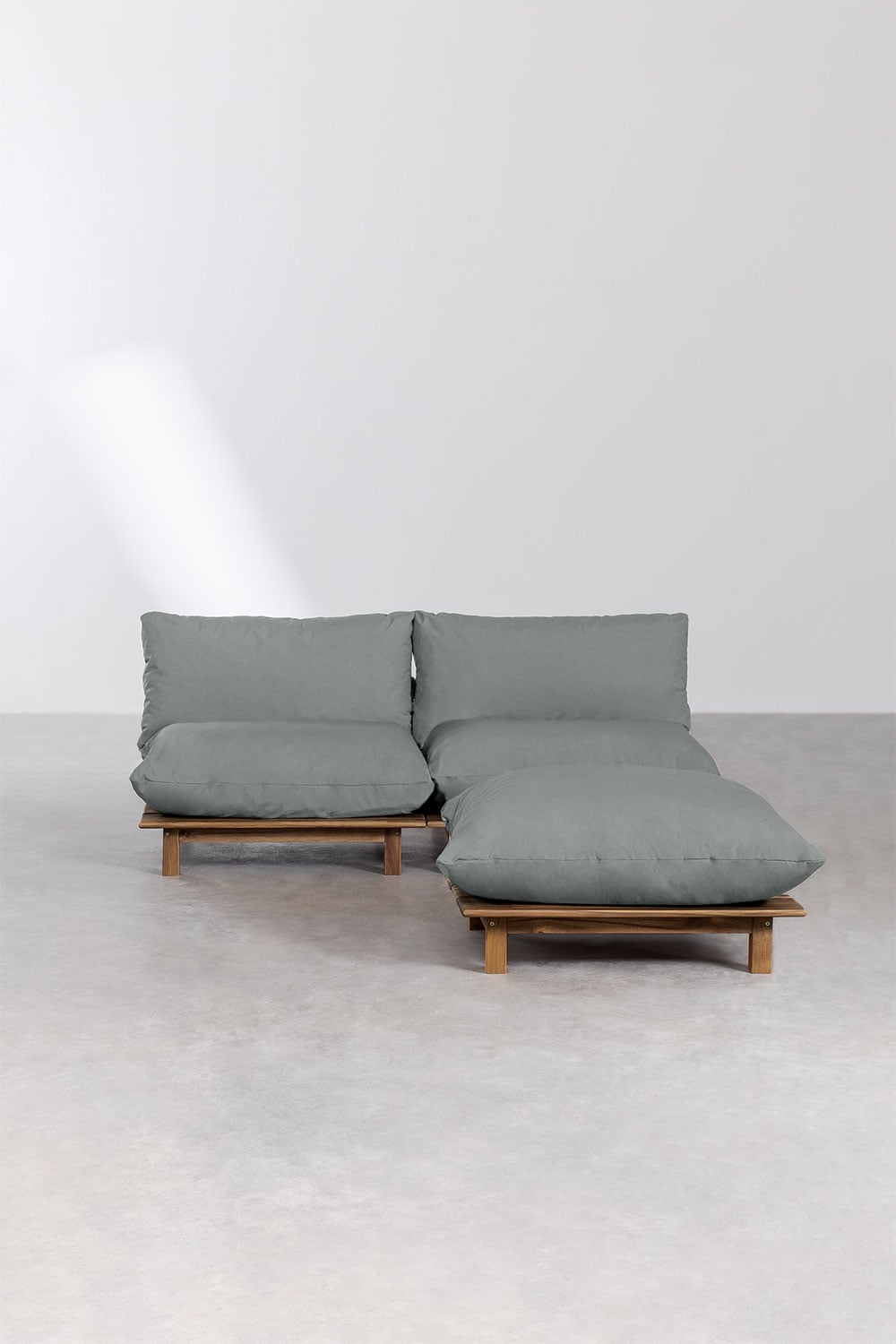 Sofá modular reclinable de jardín de 2 piezas con puff en madera de acacia Brina, imagen de galer&iacute;a 4