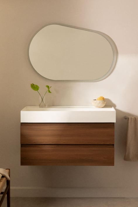 Conjunto de mueble de baño en madera y chapa de fresno con lavabo integrado Ona