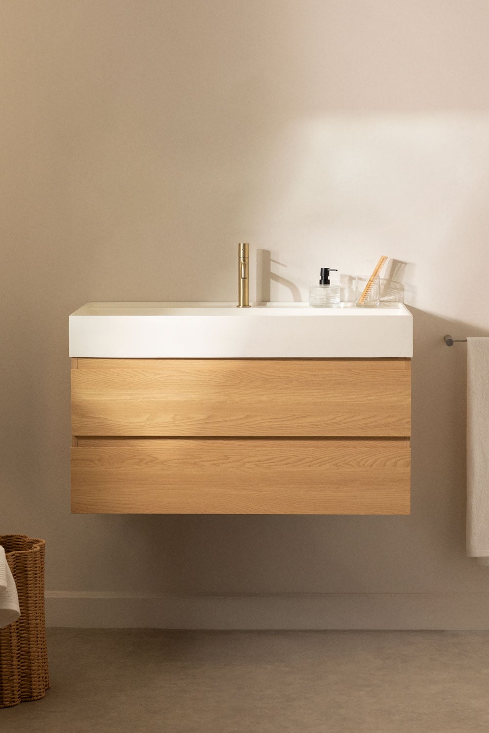 Conjunto de mueble de baño suspendido en madera y chapa de fresno con lavabo integrado Ona, imagen de galer&iacute;a 1