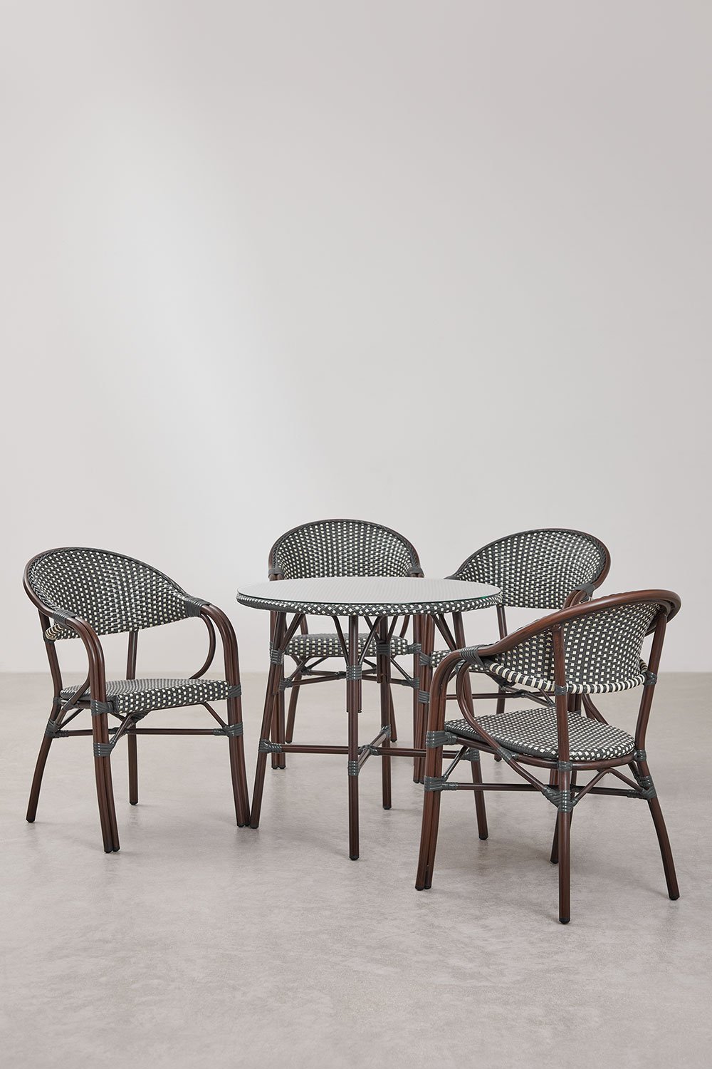 Set de mesa redonda Ø80 cm y 4 sillas de comedor apilables con reposabrazos en aluminio Brielle Bistro, imagen de galería 1
