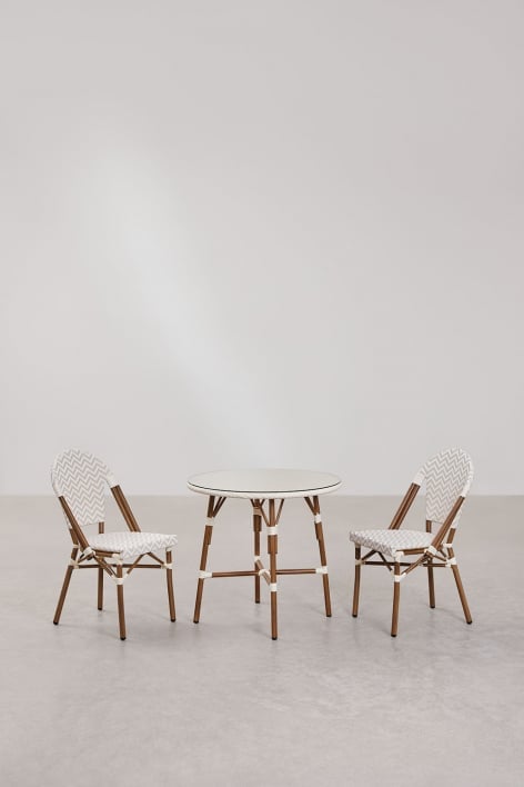 Set de mesa redonda Ø80 cm y 2 sillas de comedor apilables en aluminio Brielle Bistro - Beige Nude - Blanco Gardenia