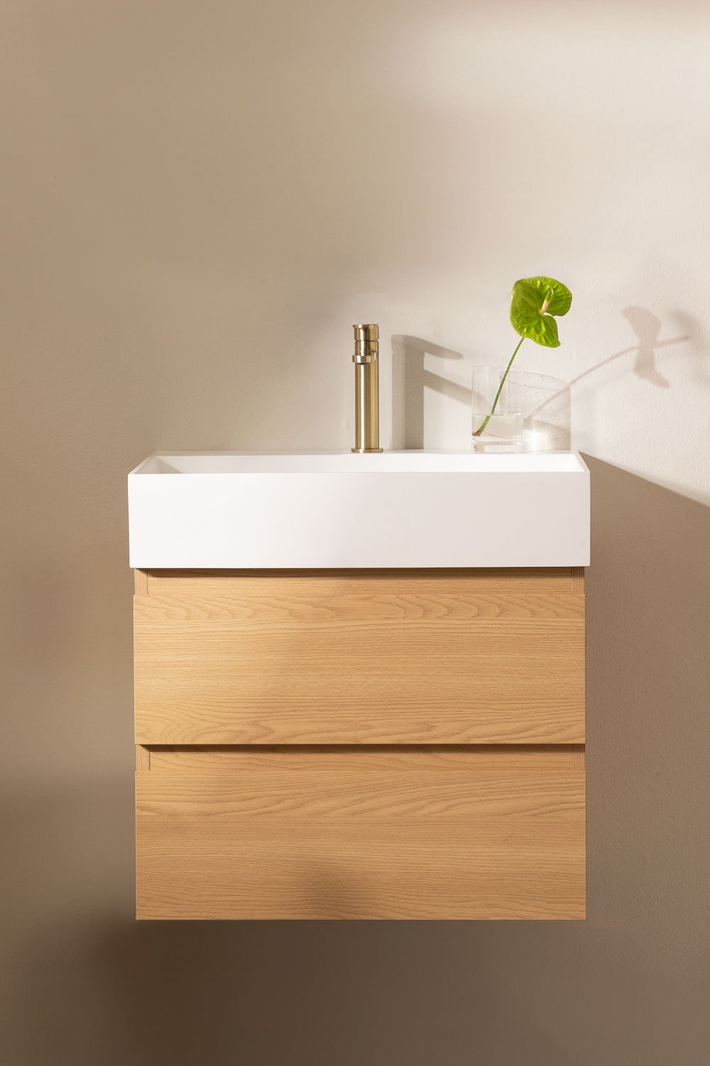 Conjunto de mueble de baño en madera y chapa de fresno con lavabo integrado Ona, imagen de galería 1