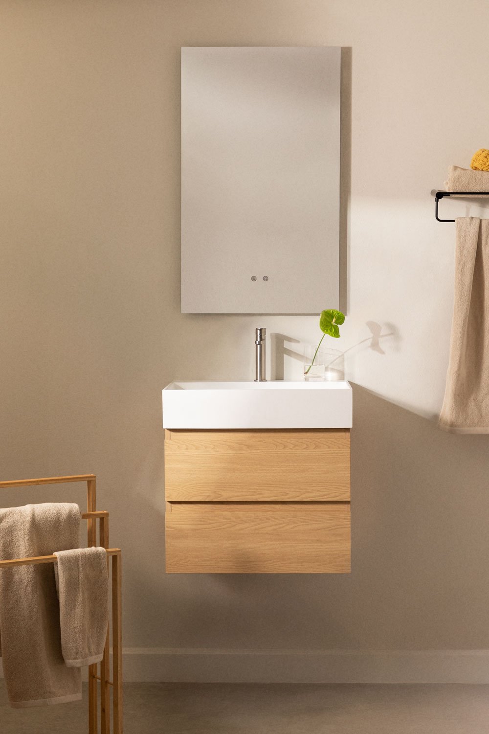 Conjunto de mueble de baño suspendido en madera y chapa de fresno con lavabo integrado Ona, imagen de galer&iacute;a 1