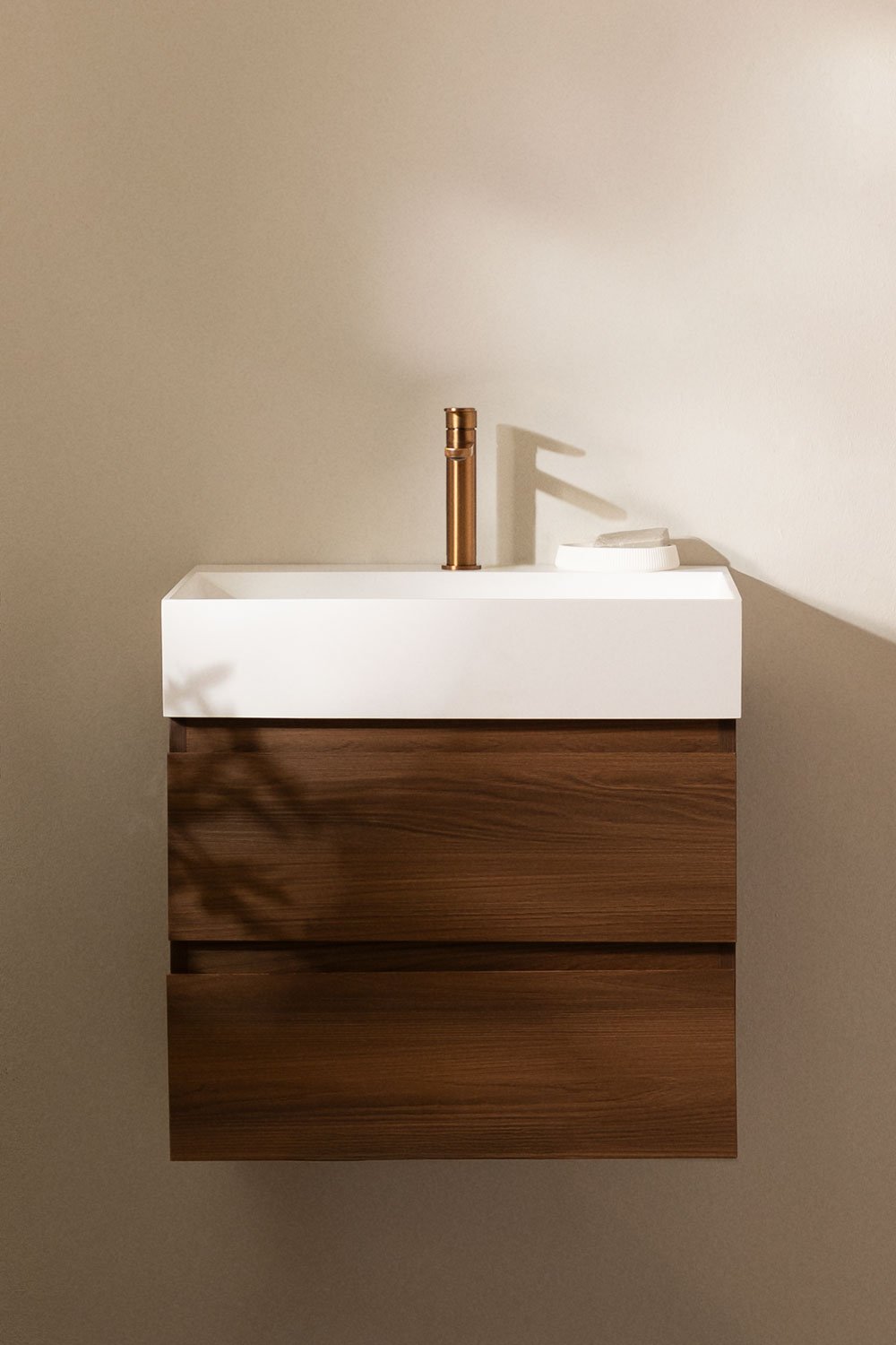Conjunto de mueble de baño suspendido en madera y chapa de fresno con lavabo integrado Ona, imagen de galer&iacute;a 1