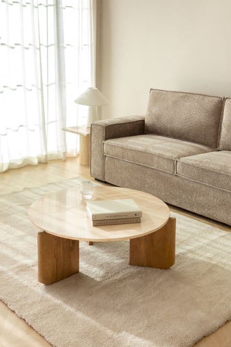Mesa de centro redonda en piedra natural y madera de mango Lavinia