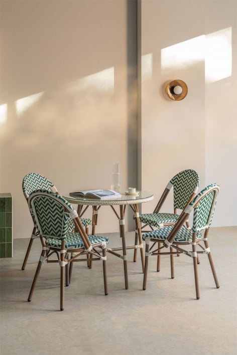 Set de mesa redonda Ø80 cm y 4 sillas de comedor apilables en aluminio Brielle Bistro - Verde Col - Blanco Gardenia