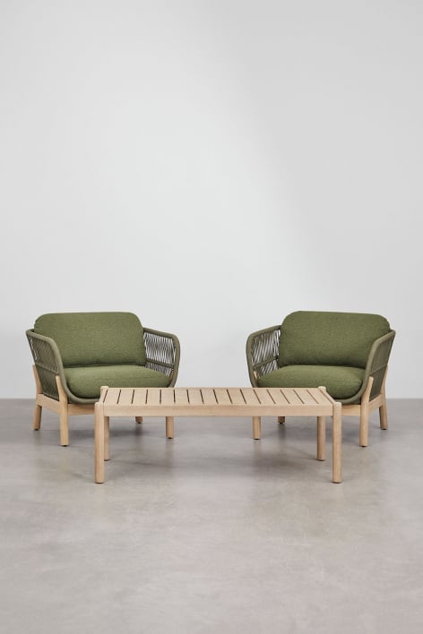 Conjunto de salón con 2 sillones en cuerda trenzada y mesa de centro en madera de acacia Karvia