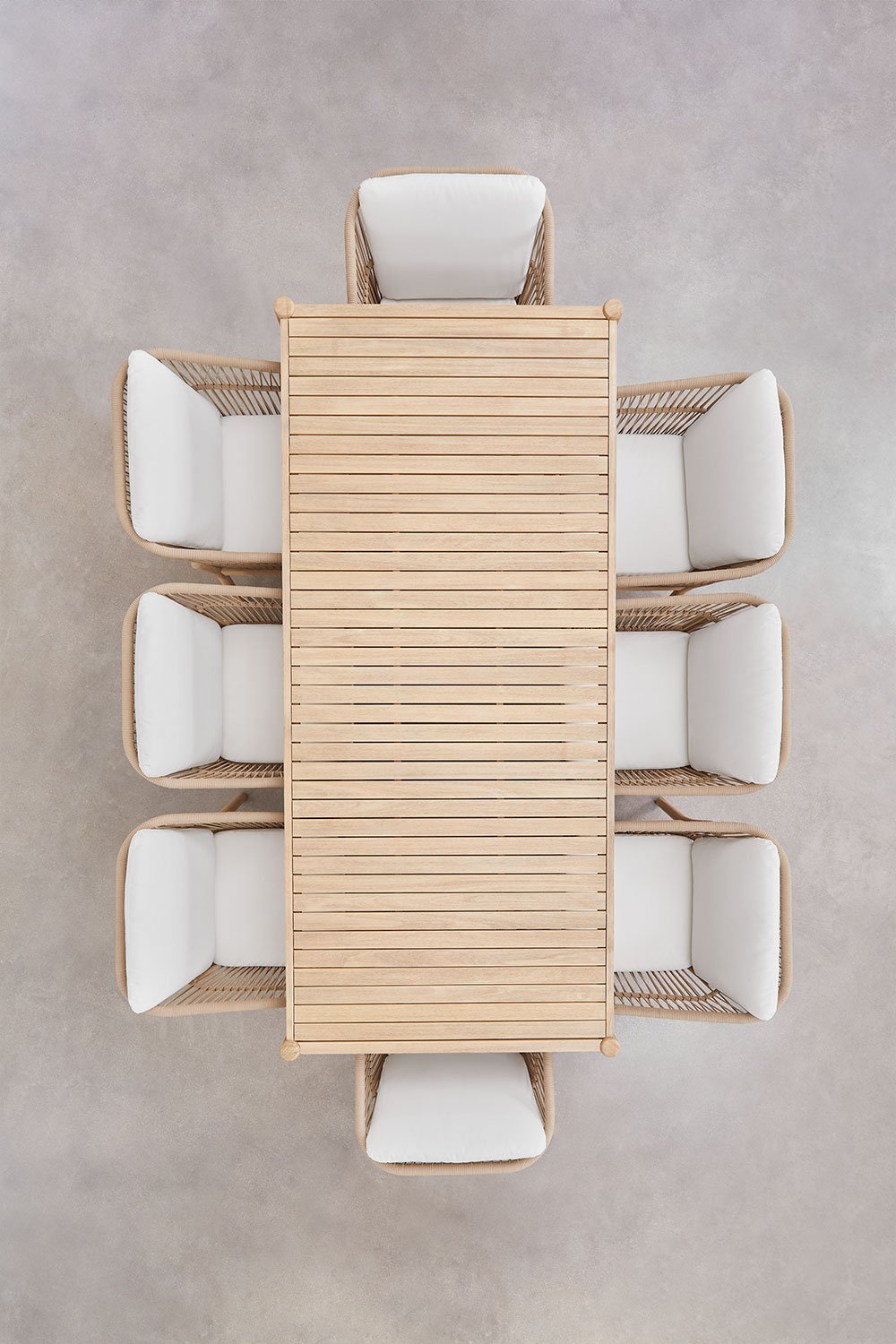 Set de mesa rectangular 220x100 cm y 8 sillas de jardín en madera de acacia y cuerda trenzada Karvia  , imagen de galería 3