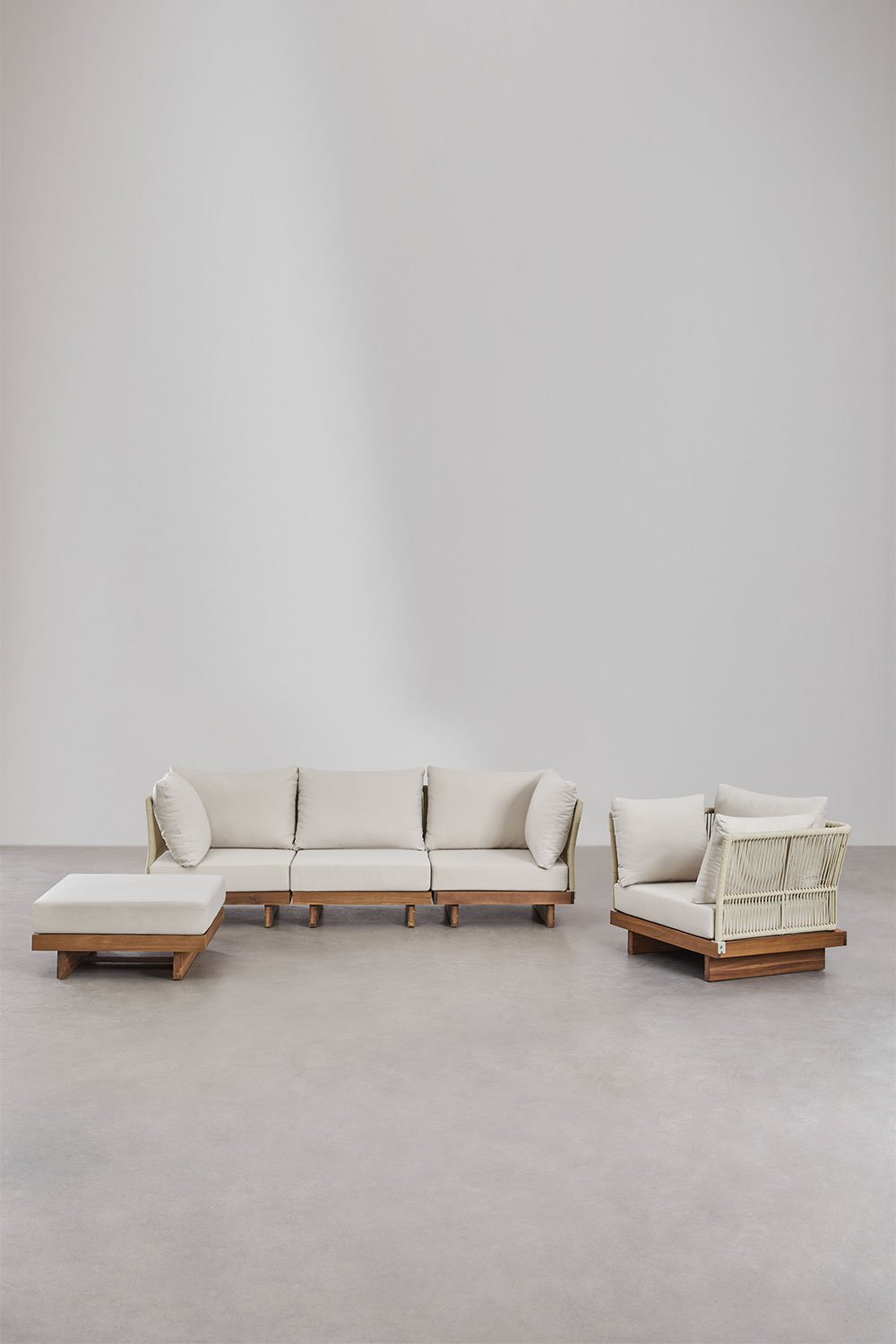 Conjunto de jardín con sofá modular de 3 piezas con 2 sillones esquineros, sillón y puff en madera de acacia Dailin, imagen de galería 3