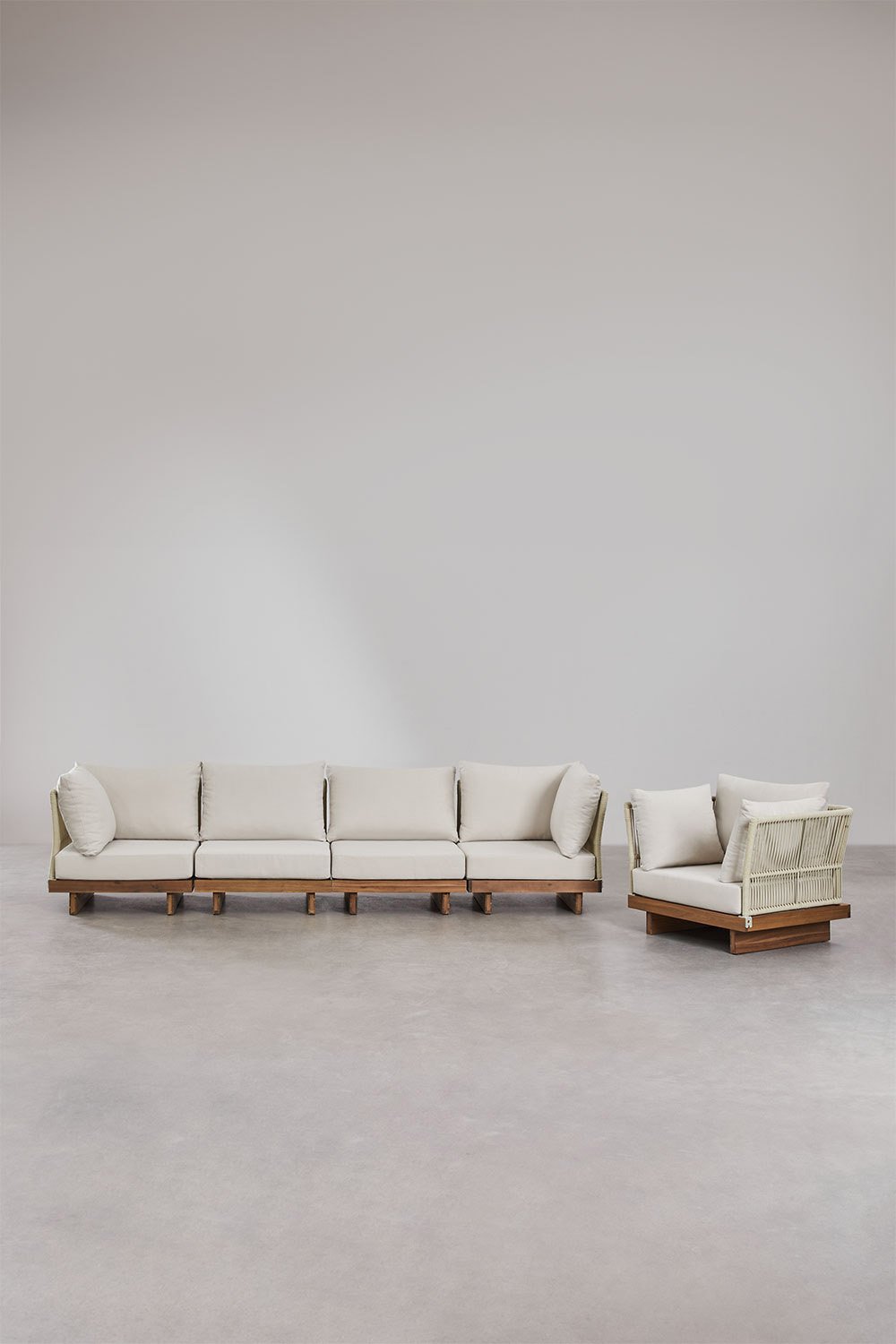 Conjunto de jardín con sofá modular de 4 piezas con 2 sillones esquineros y sillón en madera de acacia Dailin, imagen de galería 3