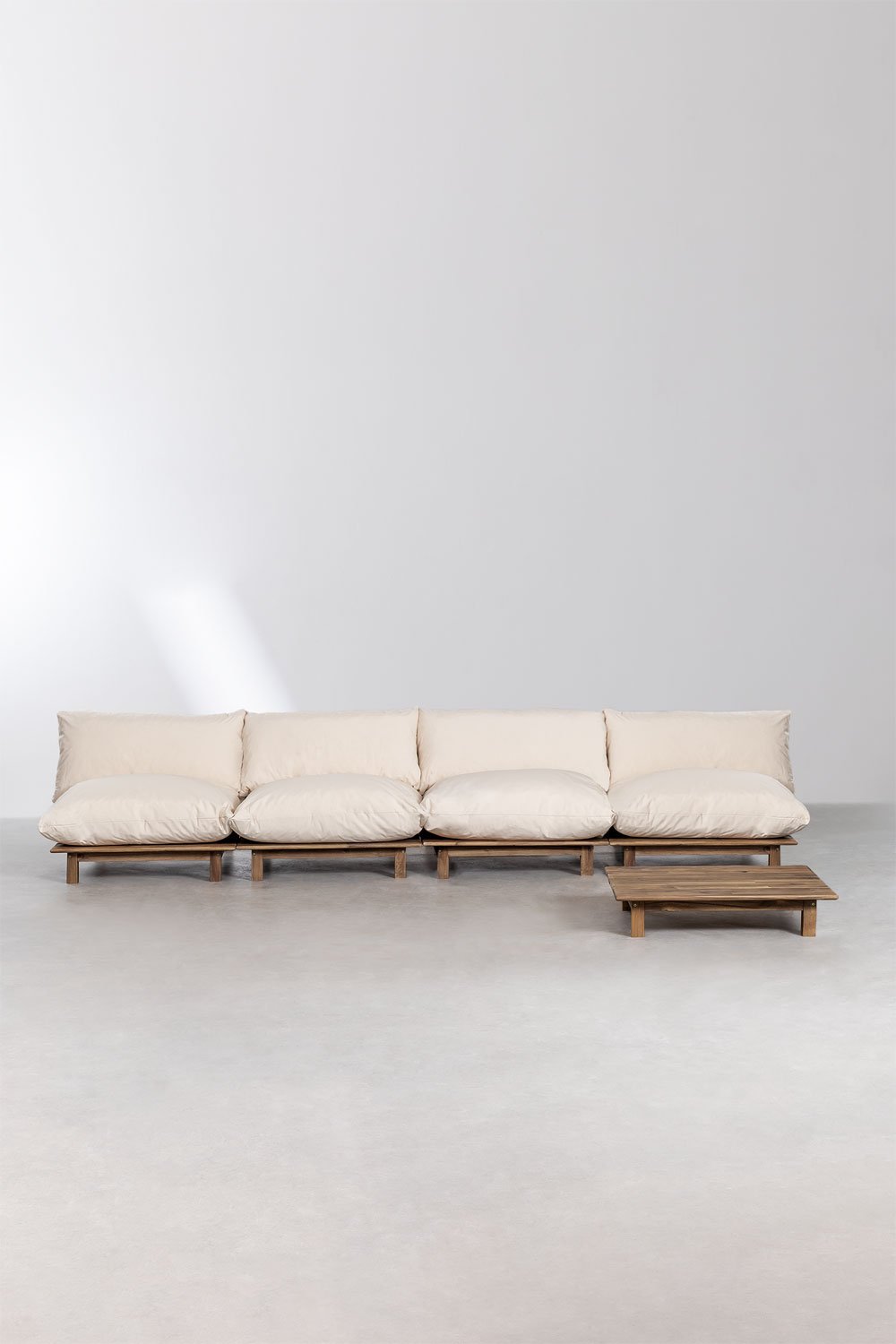 Conjunto de salón con sofá modular reclinable de 4 piezas y mesa de centro en madera de acacia Brina, imagen de galer&iacute;a 3