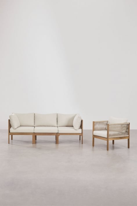 Conjunto de salón con sofá modular de 3 piezas con reposabrazos y sillón en madera de acacia Branson