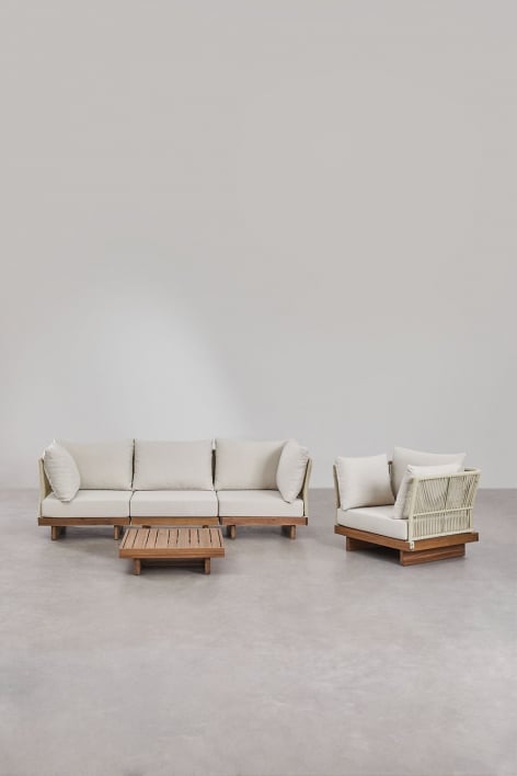 Conjunto de salón con sofá modular de 3 piezas con 2 sillones esquineros, mesa de centro y sillón en madera de acacia Dailin