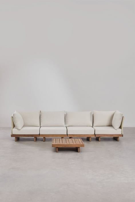 Conjunto de salón con sofá modular de 4 piezas con 2 sillones esquineros y mesa de centro en madera de acacia Dailin