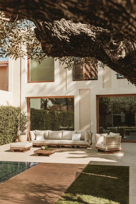 Conjunto de jardín con sofá modular 4 piezas de 2 sillones esquineros, mesa de centro, sillón y puff en madera de acacia Dailin