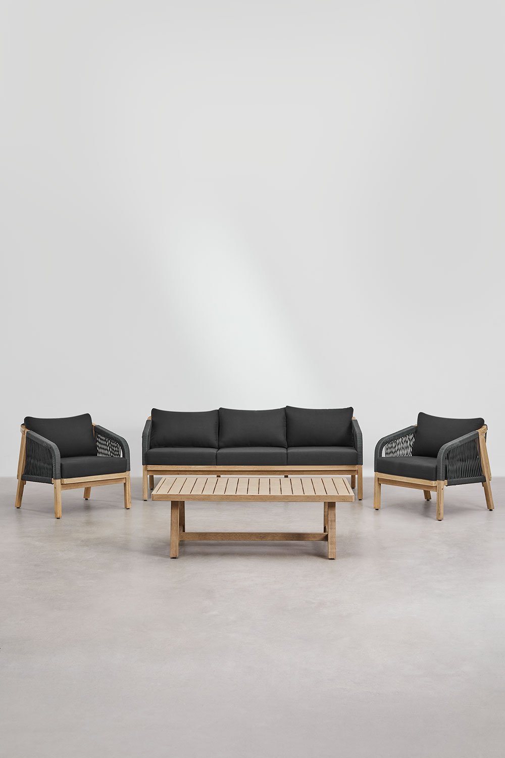 Conjunto de jardín con sofá de 3 plazas, 2 sillones y mesa de centro en madera de acacia Dubai, imagen de galería 2