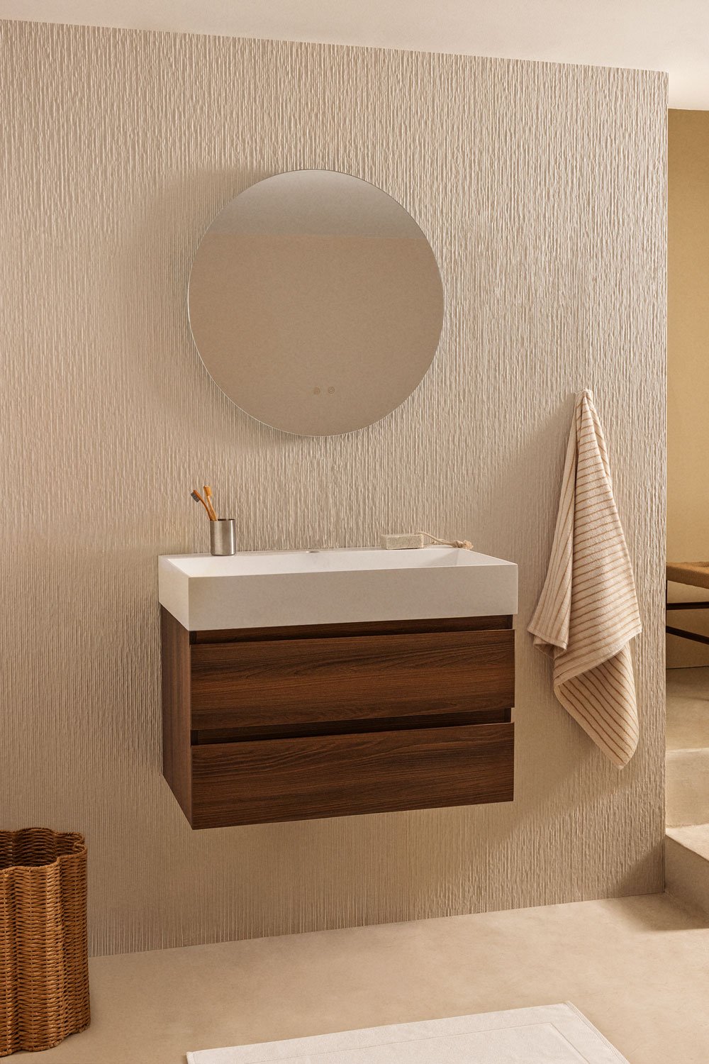 Conjunto de mueble de baño en madera y chapa de fresno con lavabo integrado Ona, imagen de galería 1
