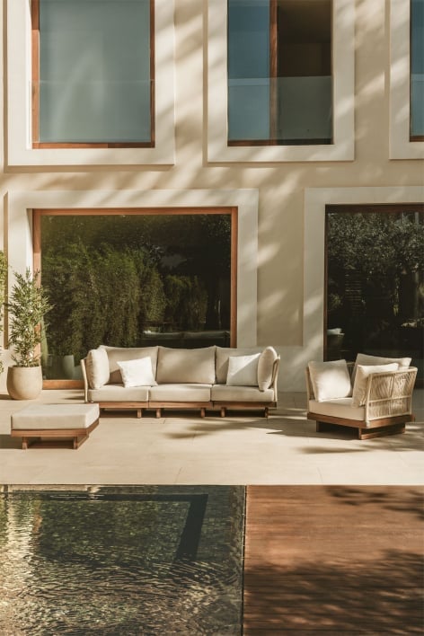 Conjunto de jardín con sofá modular de 3 piezas con 2 sillones esquineros, sillón y puff en madera de acacia Dailin