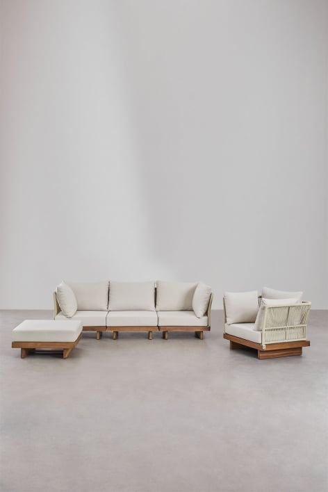 Conjunto de salón con sofá modular de 3 piezas con 2 sillones esquineros, sillón y puff en madera de acacia Dailin
