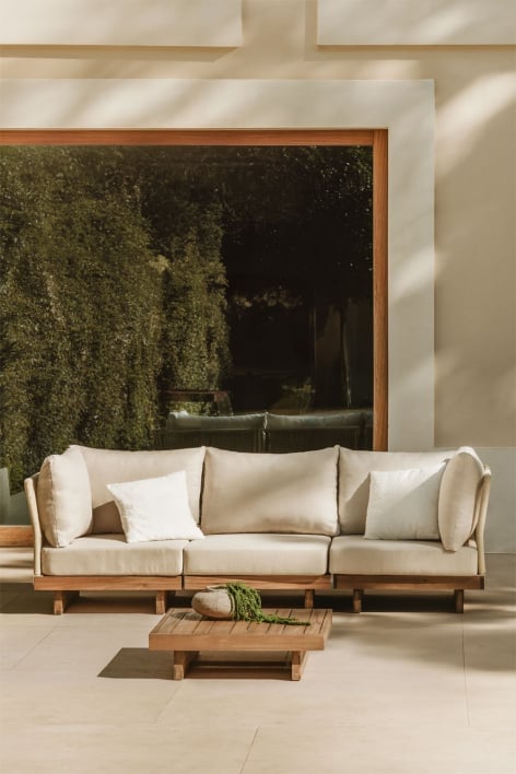 Conjunto de jardín con sofá modular de 3 piezas con 2 sillones esquineros y mesa de centro en madera de acacia Dailin