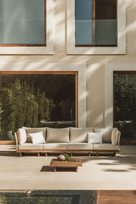Conjunto de jardín con sofá modular de 4 piezas con 2 sillones esquineros y mesa de centro en madera de acacia Dailin