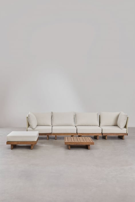 Conjunto de salón con sofá modular de 4 piezas con 2 sillones esquineros, mesa de centro y puff en madera de acacia Dailin