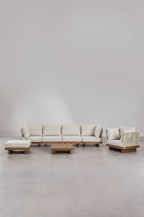 Conjunto de salón con sofá modular 4 piezas de 2 sillones esquineros, mesa de centro, sillón y puff en madera de acacia Dailin