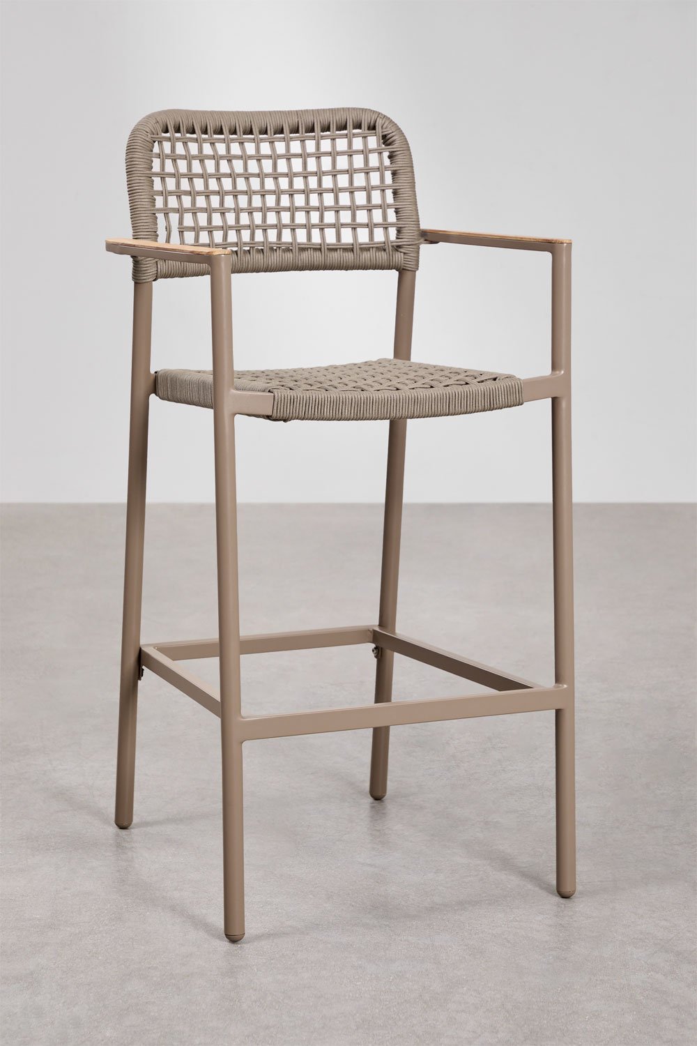 Taburete alto de jardín 75 cm con reposabrazos en aluminio y cuerda trenzada marrón moka Nediam, imagen de galería 1