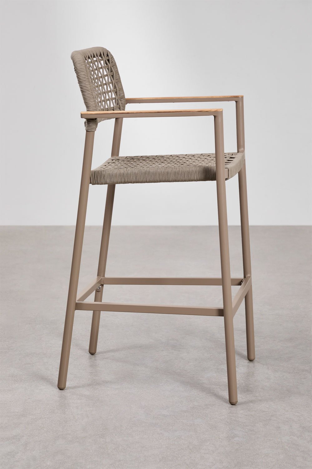 Taburete alto de jardín 75 cm con reposabrazos en aluminio y cuerda trenzada marrón moka Nediam, imagen de galería 2